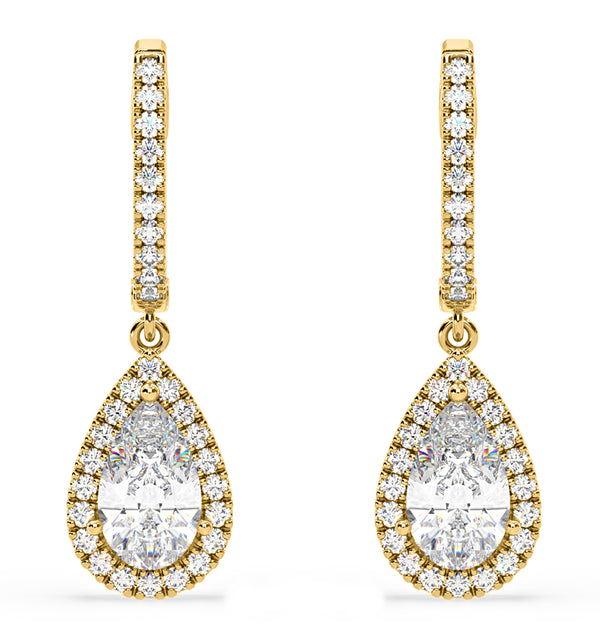 Diana Pear Lab Diamond Halo Drop Earrings 2.60ct in 18K Yellow Gold F/VS1