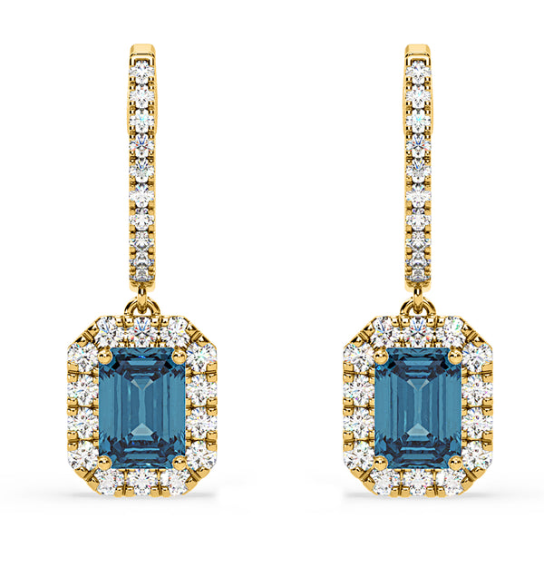Annabelle Blue Lab Diamond 2.78ct Emerald Cut Halo Earrings in 18K Yellow Gold - Elara Collection