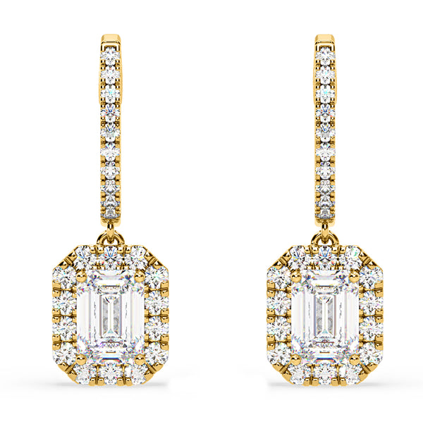 Annabelle Emerald Cut Lab Diamond Halo Drop Earrings 2.78ct in 18K Yellow Gold F/VS1