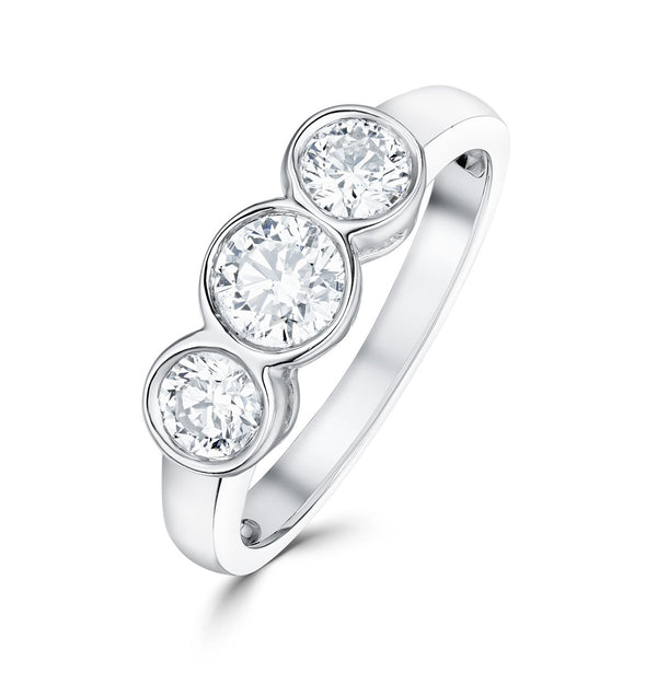 Certified 1.05CT 18K White Gold Brilliant Diamond Rubover Trilogy Ring - SIZE O