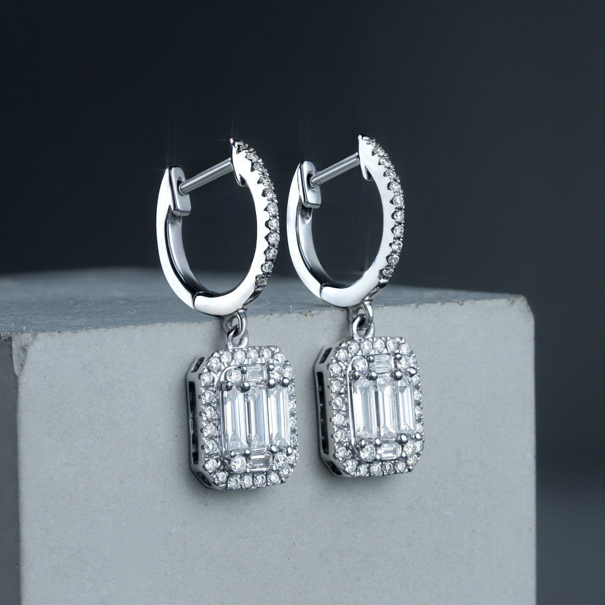 Baguette Lab Diamond Halo Earrings 1.30ct F/VS Set in 9K White Gold