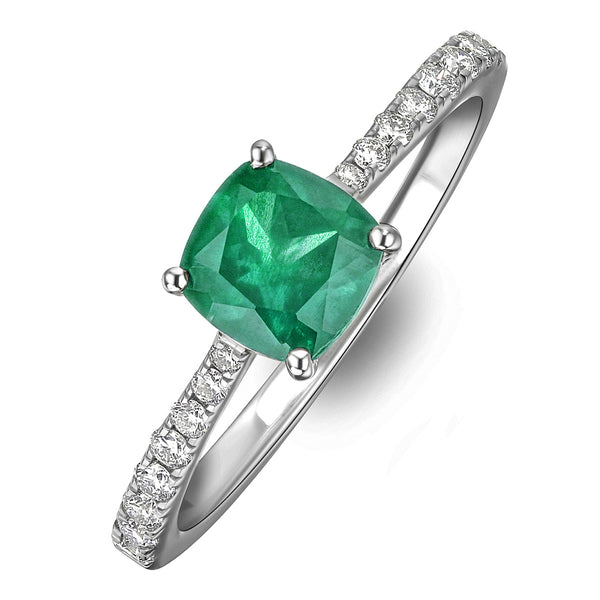 Astra 1.70ct Lab Emerald and Diamond Shoulder Set Cushion Cut Ring in Silver