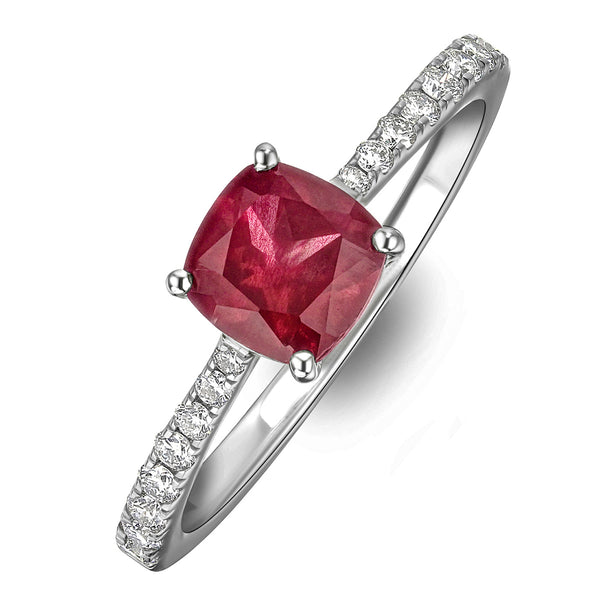 Astra 2.00ct Lab Ruby and Diamond Shoulder Set Cushion Cut Ring in Silver