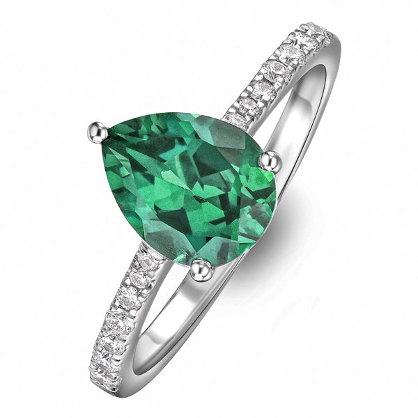 Astra 2.30ct Lab Emerald and Diamond Shoulder Set Pear Cut Ring in Silver