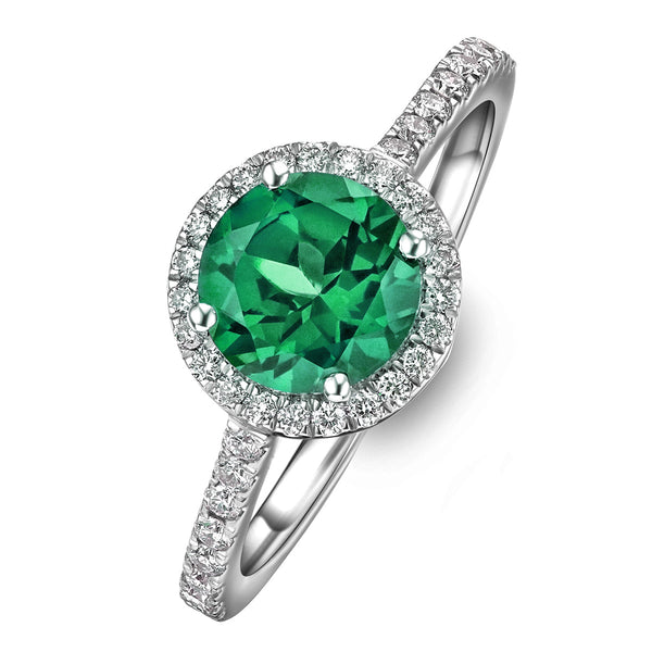 Astra 2.50ct Lab Emerald and Diamond Halo Shoulder Set Round Cut in Silver