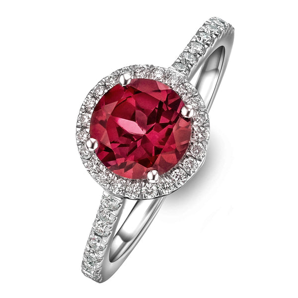 Astra 3.60ct Lab Ruby and Diamond Halo Shoulder Set Round Cut Ring in Silver