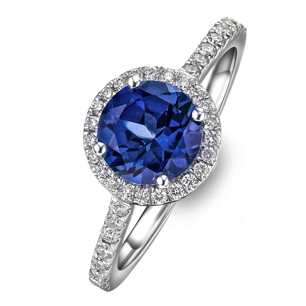 Astra 3.60ct Lab Sapphire and Diamond Halo Shoulder Set Round Cut in Silver