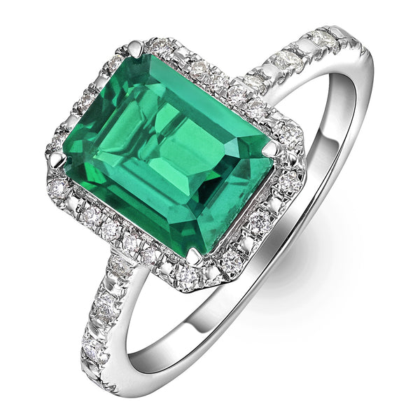 Astra 1.50ct Lab Emerald and Diamond Halo Shoulder Set Octagon Cut Ring in Silver
