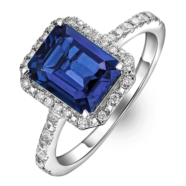 Astra 1.90ct Lab Sapphire Halo Shoulder Set Octagon Cut Ring in Silver