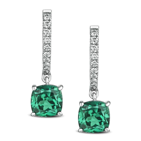 Astra 3.40ct Lab Emerald and Diamond Drop Cushion Cut Earrings in Silver
