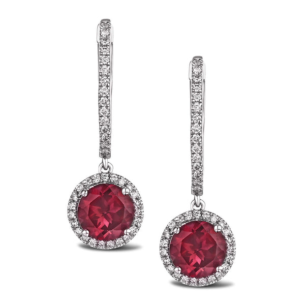 Astra 7.10ct Lab Ruby and Diamond Drop Halo Round Cut Earrings in Silver