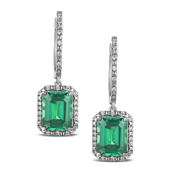 Astra 3.00ct Lab Emerald and Diamond Drop Halo Octagon Cut Earrings in Silver