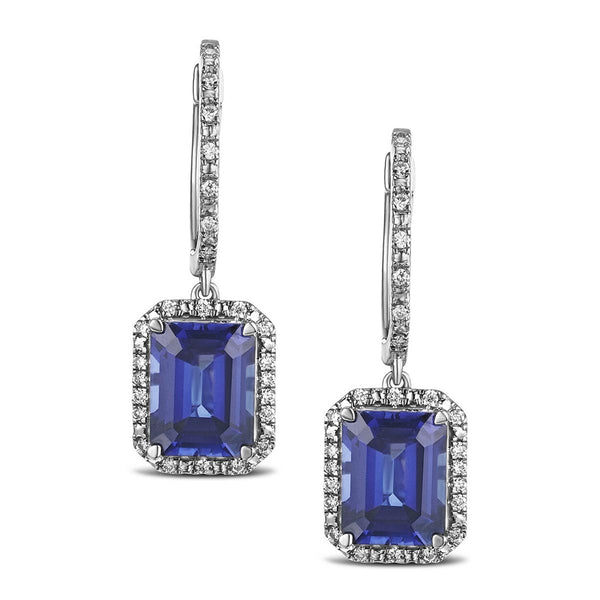 Astra 4.00ct Lab Sapphire and Diamond Drop Halo Octagon Cut Earrings in Silver