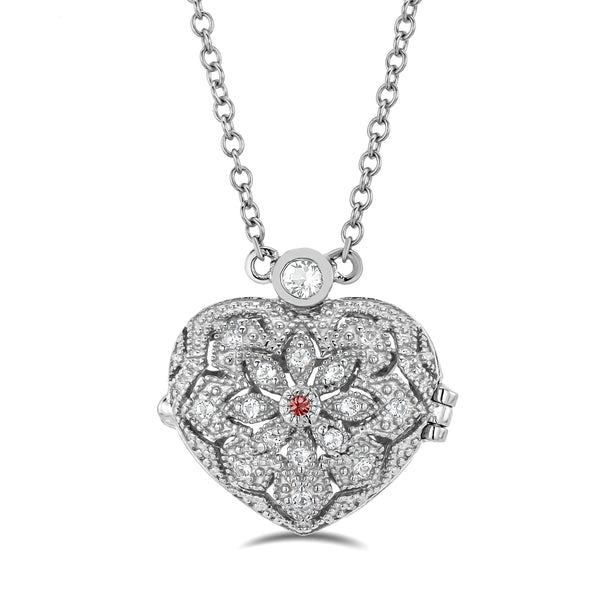 Ruby July Birthstone Vintage Locket Necklace and White Topaz in Silver