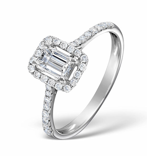 Halo Engagement Ring Ella 0.80ct VS Emerald Cut Diamonds 18KW Gold