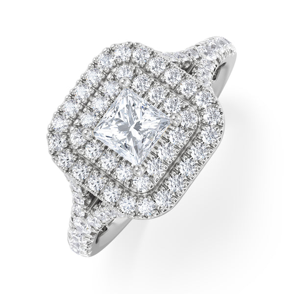 Cleopatra Diamond Halo Engagement Ring 18K White Gold 1.20ct G/SI2