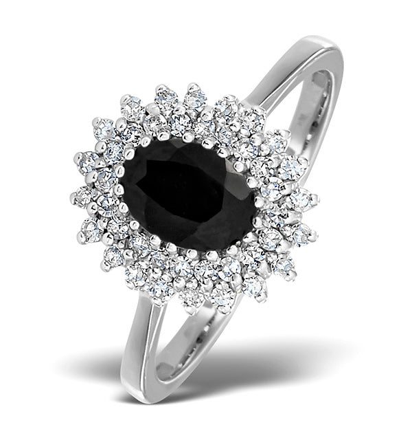 Sapphire 7 x 5mm And Diamond 18K White Gold Ring FET35-UY