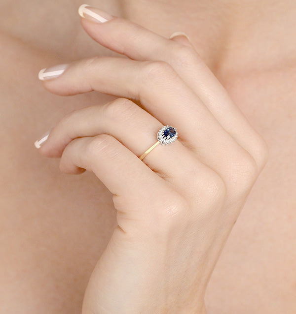 Sapphire 6 x 4mm And Diamond Ring 9K Yellow Gold