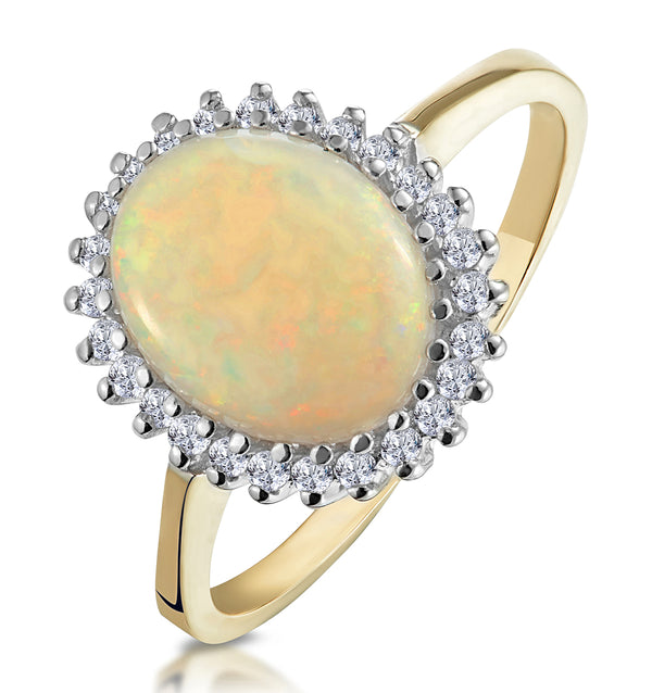 Opal 10 x 8mm And Diamond 9K Yellow Gold Ring