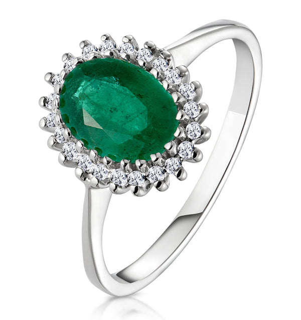 Emerald 8 x 6mm And Diamond 9K White Gold Ring