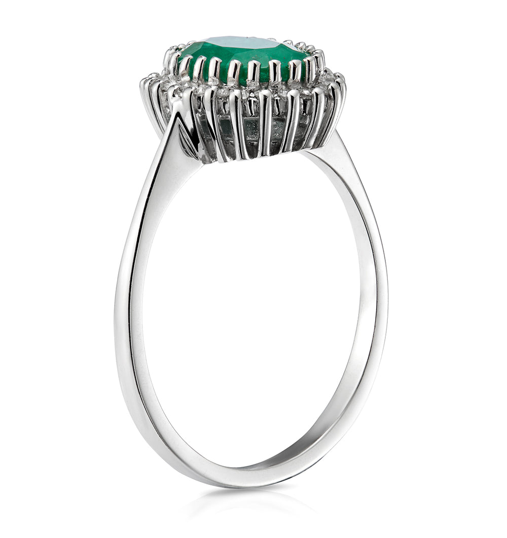 Emerald 8 x 6mm And Diamond 9K White Gold Ring