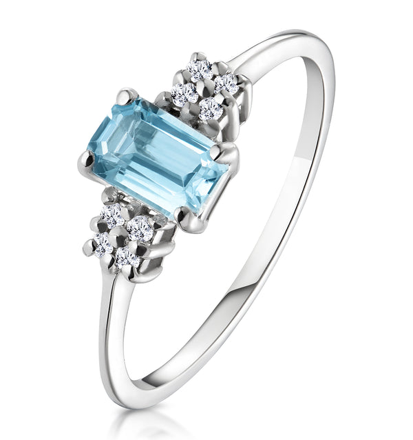 Blue Topaz 6 x 4mm And Diamond Ring 9K White Gold