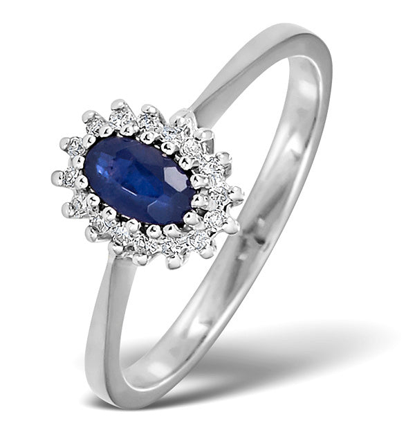 Sapphire 5 x 3mm And Diamond 18K White Ring