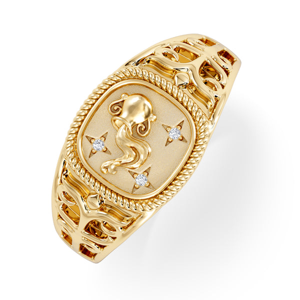 Aquarius Zodiac 0.01ct Lab Diamond Signet Ring in 18K Gold Vermeil