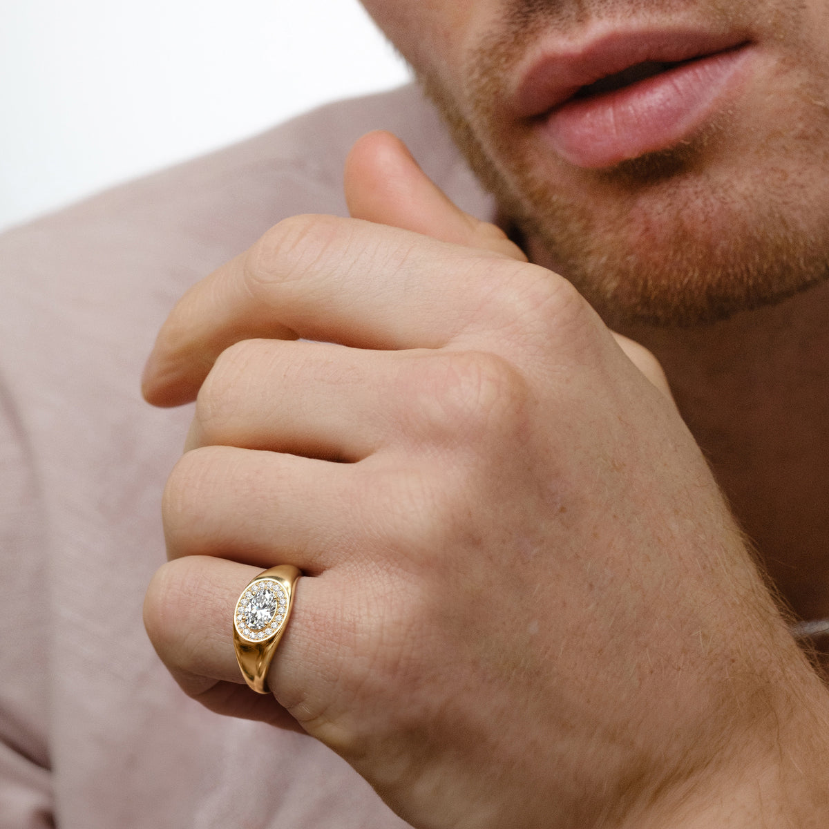 Men’s 0.62ct Oval Cut Lab Diamond Halo Signet Ring in 18k Gold Vermeil