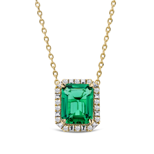 Astra 1.50ct Lab Emerald and Diamond Halo Octagon Cut Necklace in 18K Gold Vermeil