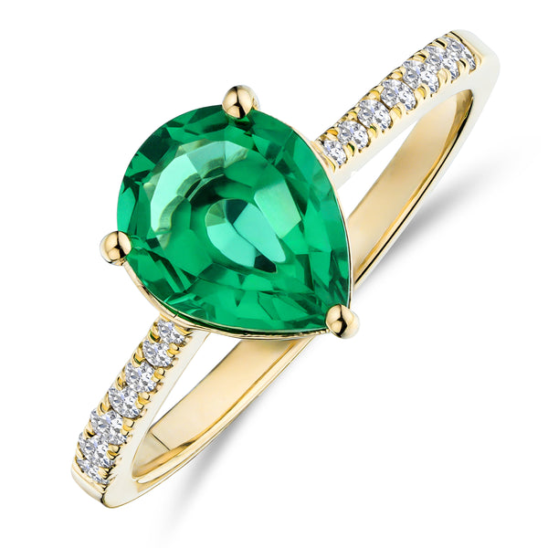 Astra 2.30ct Lab Emerald and Diamond Shoulder Set Pear Cut Ring in 18K Gold Vermeil