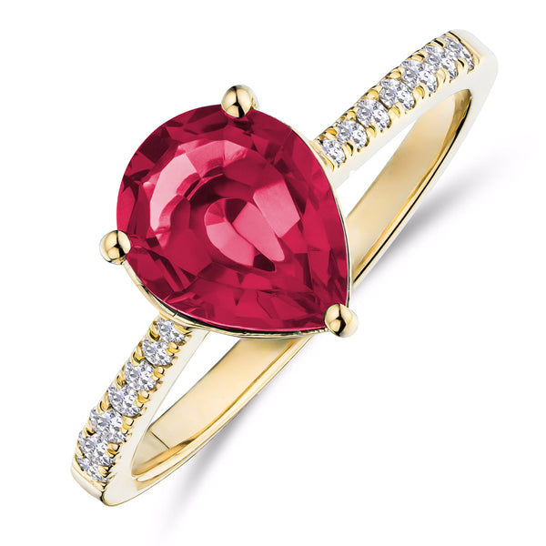 Astra 3.50ct Lab Ruby and Diamond Shoulder Set Pear Cut Ring in 18K Gold Vermeil