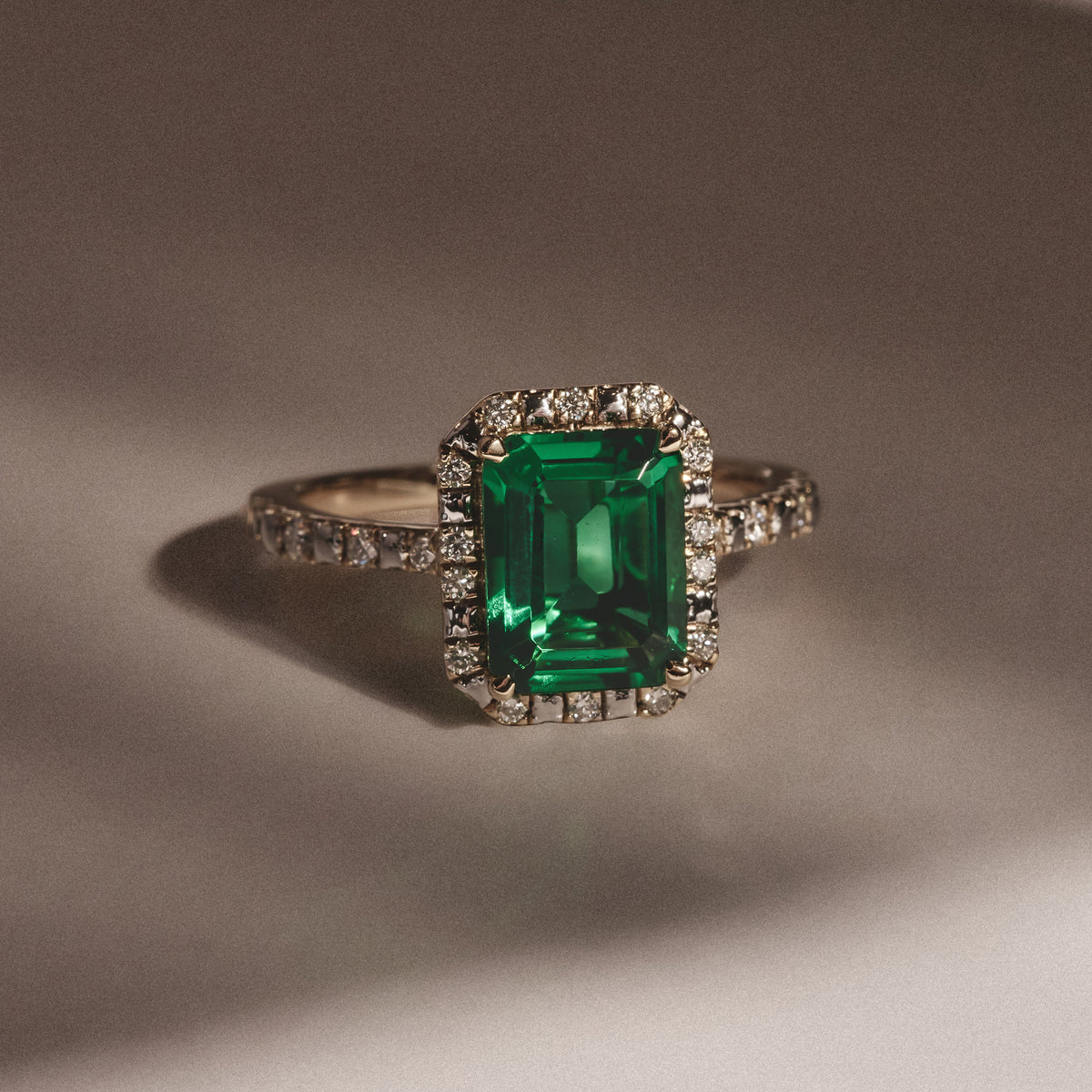 Astra 1.50ct Lab Emerald and Diamond Halo Shoulder Set Octagon Cut Ring in 18K Gold Vermeil