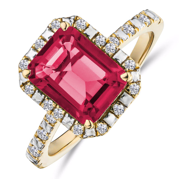 Astra 1.90ct Lab Ruby and Diamond Halo Shoulder Set Octagon Cut Ring in 18K Gold Vermeil