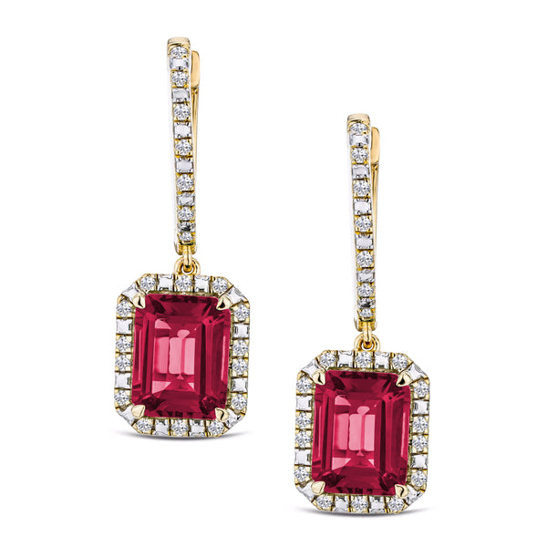 Astra 3.50ct Lab Ruby and Diamond Drop Halo Octagon Cut Earrings in 18K Gold Vermeil