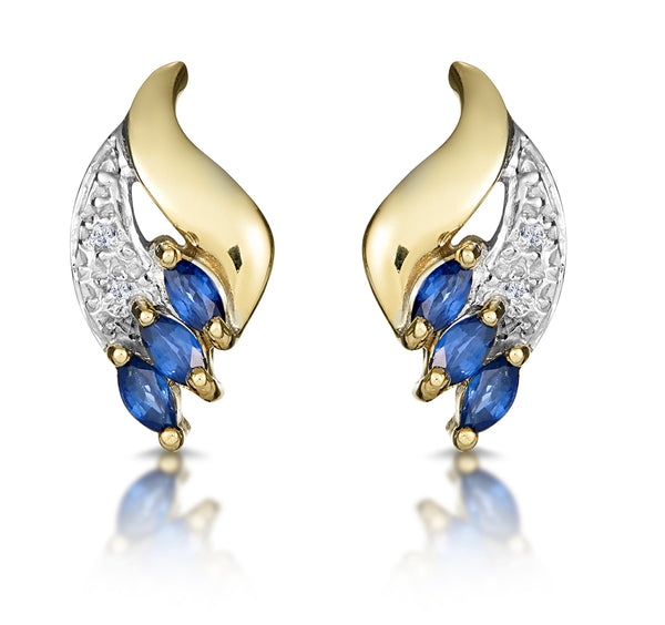 Sapphire 4mm x 2mm And Diamond 9K Yellow Gold Earrings