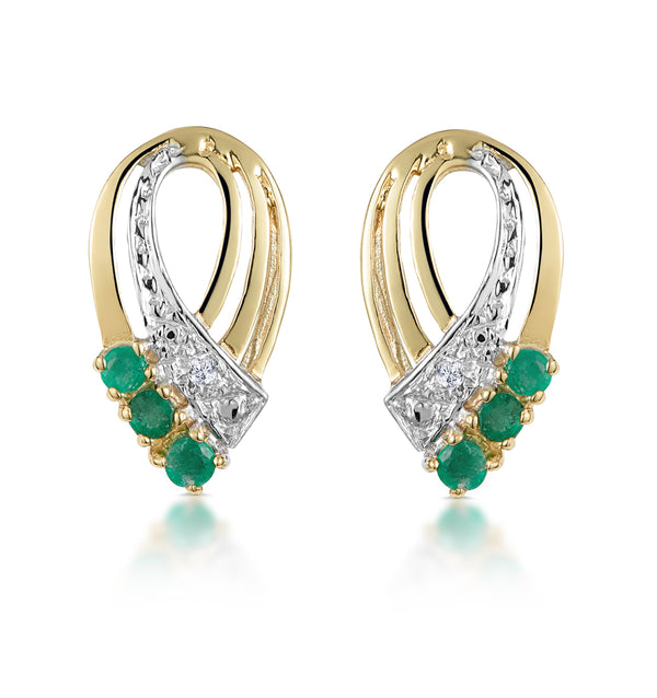 Emerald 8 x 15mm And Diamond 9K Yellow Gold Earrings