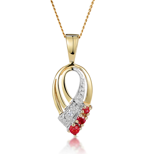Ruby 2.25mm And Diamond 9K Yellow Gold Pendant Necklace