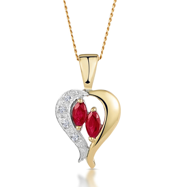 Ruby 5 x 3mm And Diamond 9K Yellow Gold Pendant Necklace