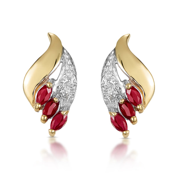 Ruby 4 x 2mm And Diamond 9K Yellow Gold Earrings