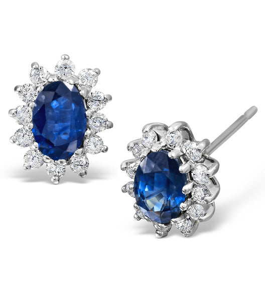 Sapphire 6mm x 4mm And Diamond 18K White Gold Earrings