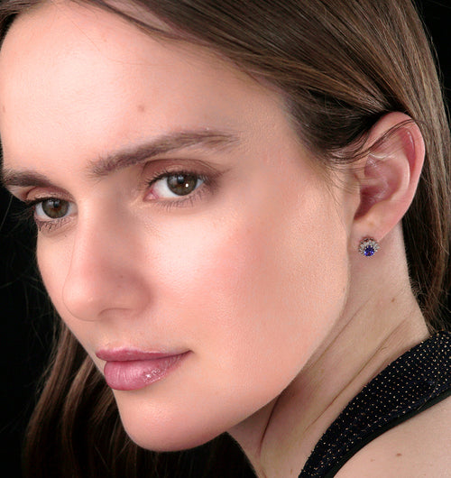 Tanzanite 6 x 4mm And Diamond Cluster 9K White Gold Earrings