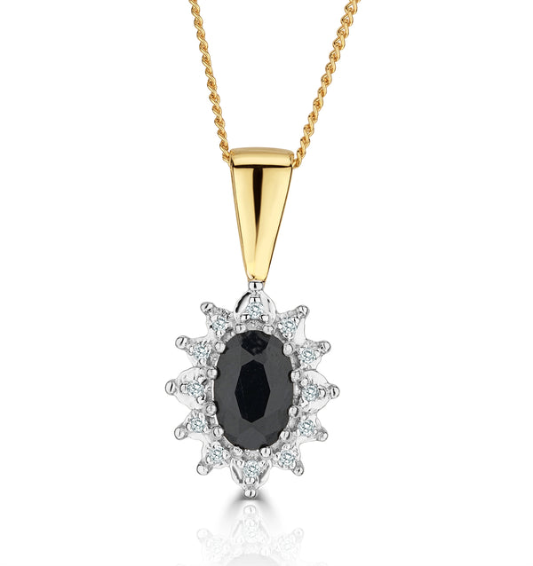 Sapphire 6 x 4mm And Diamond 18K Yellow Gold Pendant Necklace