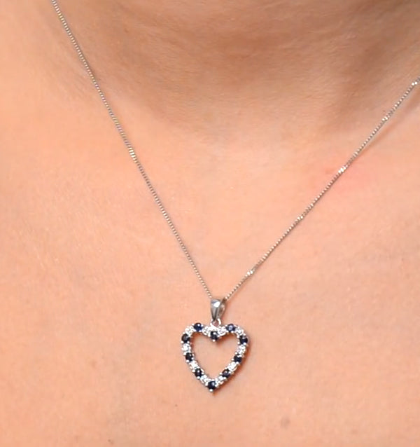 9K White Gold 0.03ct Diamond and Sapphire Heart Pendant Necklace