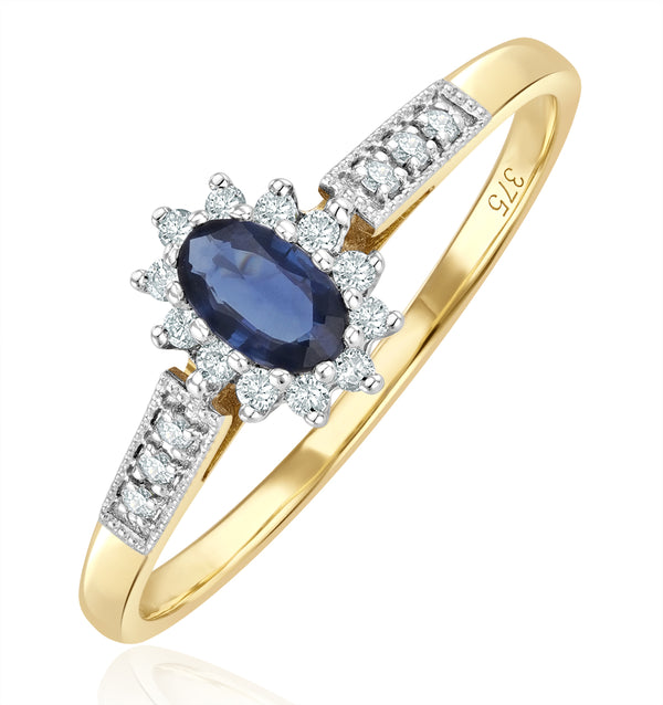 Sapphire 5 x 3mm And Diamond 9K Gold Ring A3261