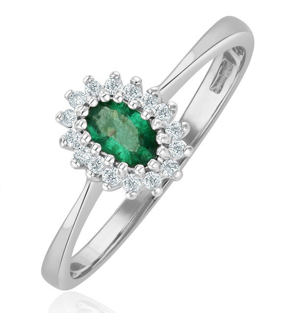 Emerald 5 x 3mm And Diamond 9K White Gold Ring A4450