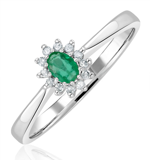 Emerald 4 x 3mm And Diamond 9K White Gold Ring