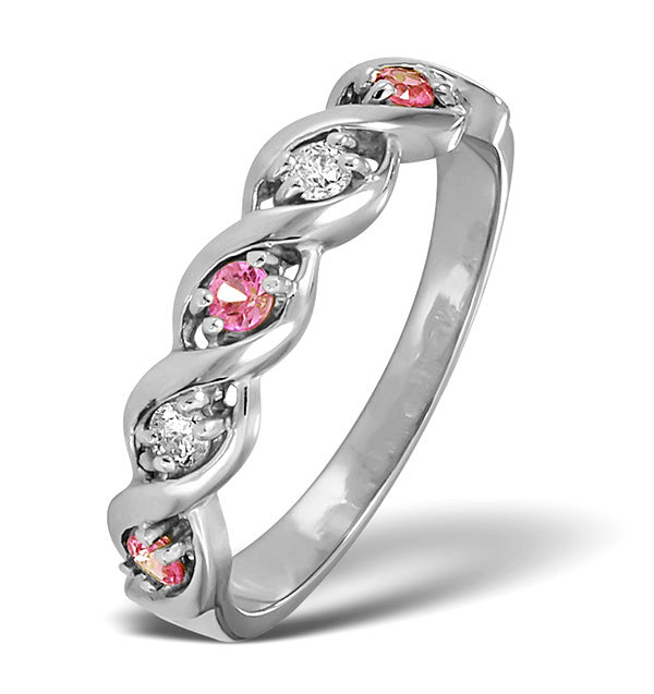 Pink Sapphire And 0.08CT Diamond Ring 9K White Gold