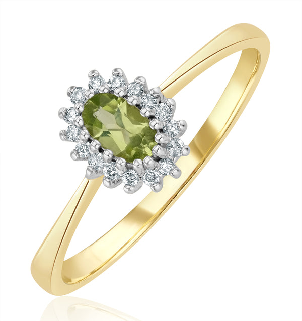 Peridot 5 x 3mm And Diamond 9K Yellow Gold Ring