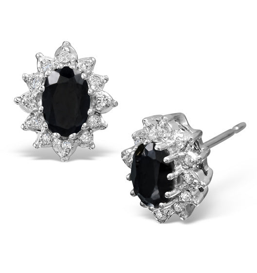 Sapphire 6mm x 4mm And Diamond 9K White Gold Cluster Earrings B3737